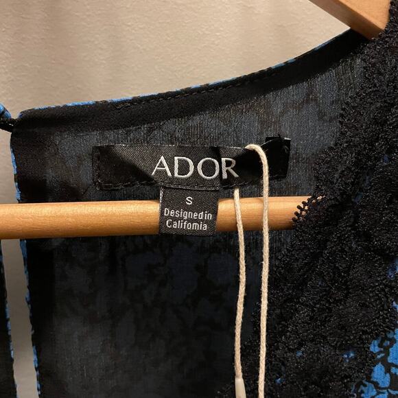 ADOR Floral Long Maxi Dress Blue | V Neck, Slit, Black Lace Trim, Small, NWT - Picture 10 of 10